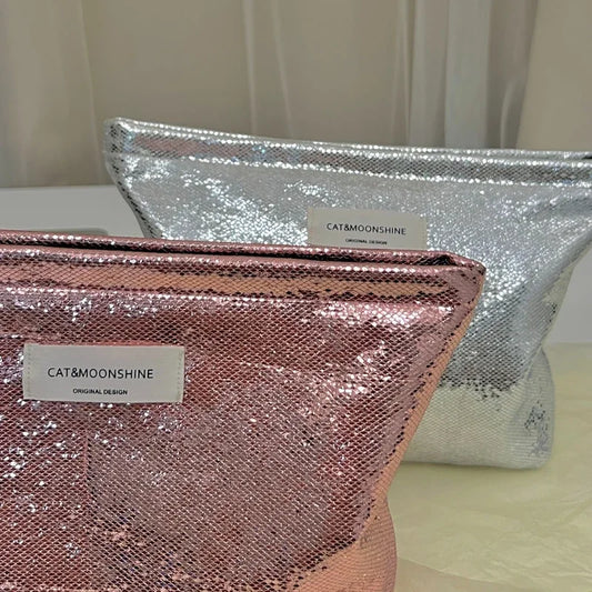 Elegant Silver Sequins Cosmetic Clutch Makeup Bag Organizer