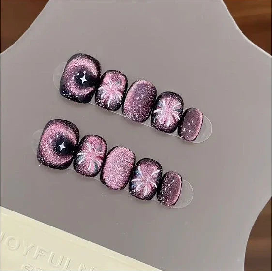 10 Pcs Short Square Press On Nails With Glue Red Cat Eye