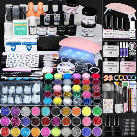 Morovan Acrylic Nail Kit for Beginners: with Everything Professional Gel Polish Kit with U V Lamp Acrylic Nail Set with Glitter