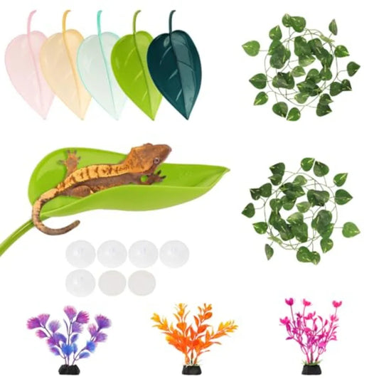 10Pcs Crested Gecko Tank Accessories Leaf Shape Bearded Dragon Basking Platform with Suction Cups Tree Frog Tank and Crested Ge