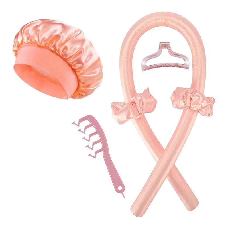 6Pcs Women No Heat Curly Hair Stick Satin Sleep Cap Clip