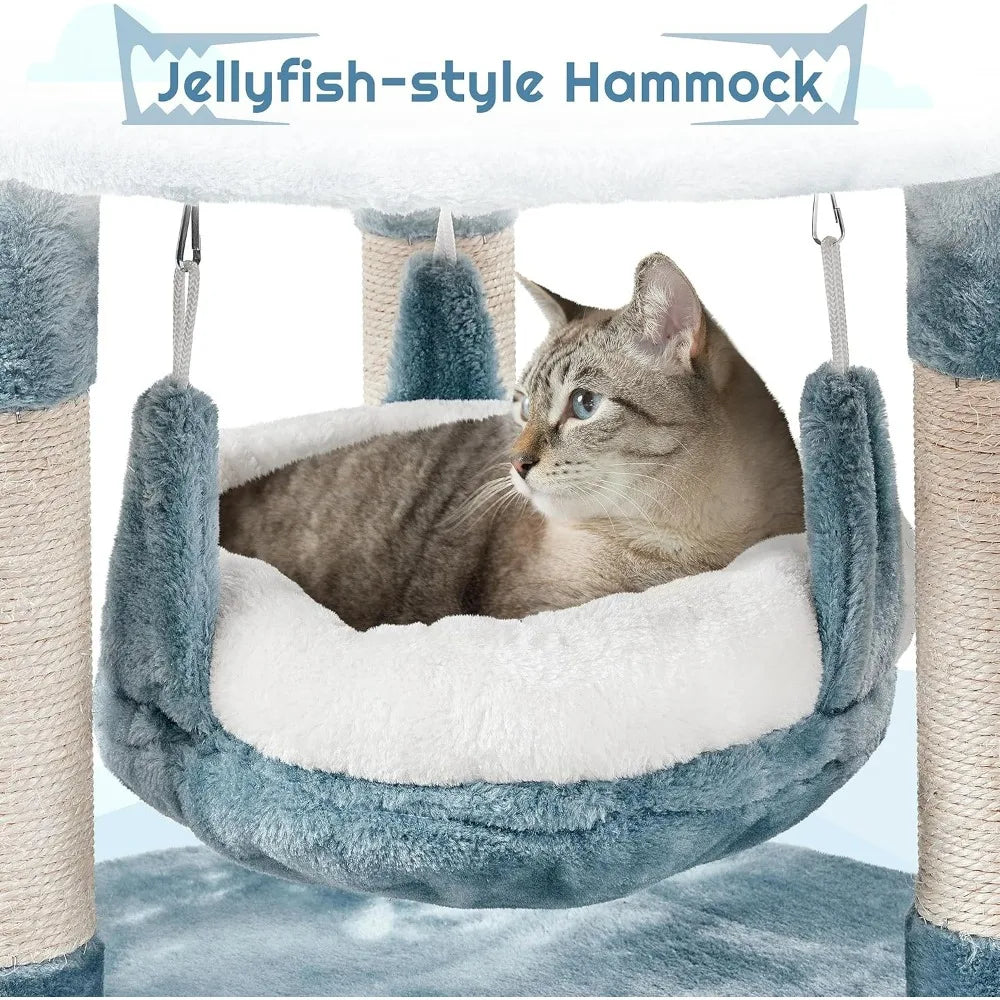 Cat Tree Multi Level Cat Tower Plush Furniture with Shark Mouth Shaped Nest Sea Star Shaped Perch Jellyfish Style Hammock