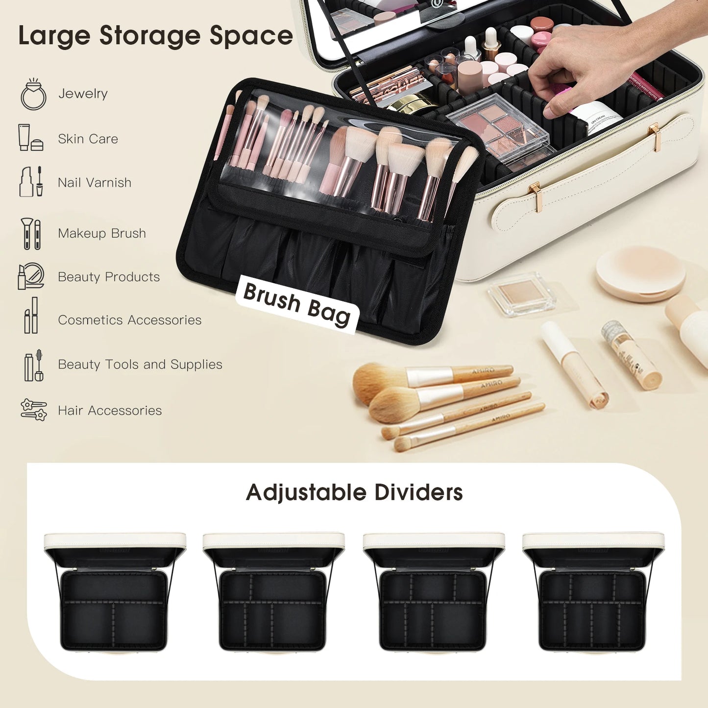 Leather Makeup Case With LED Mirror Travel And Dividers