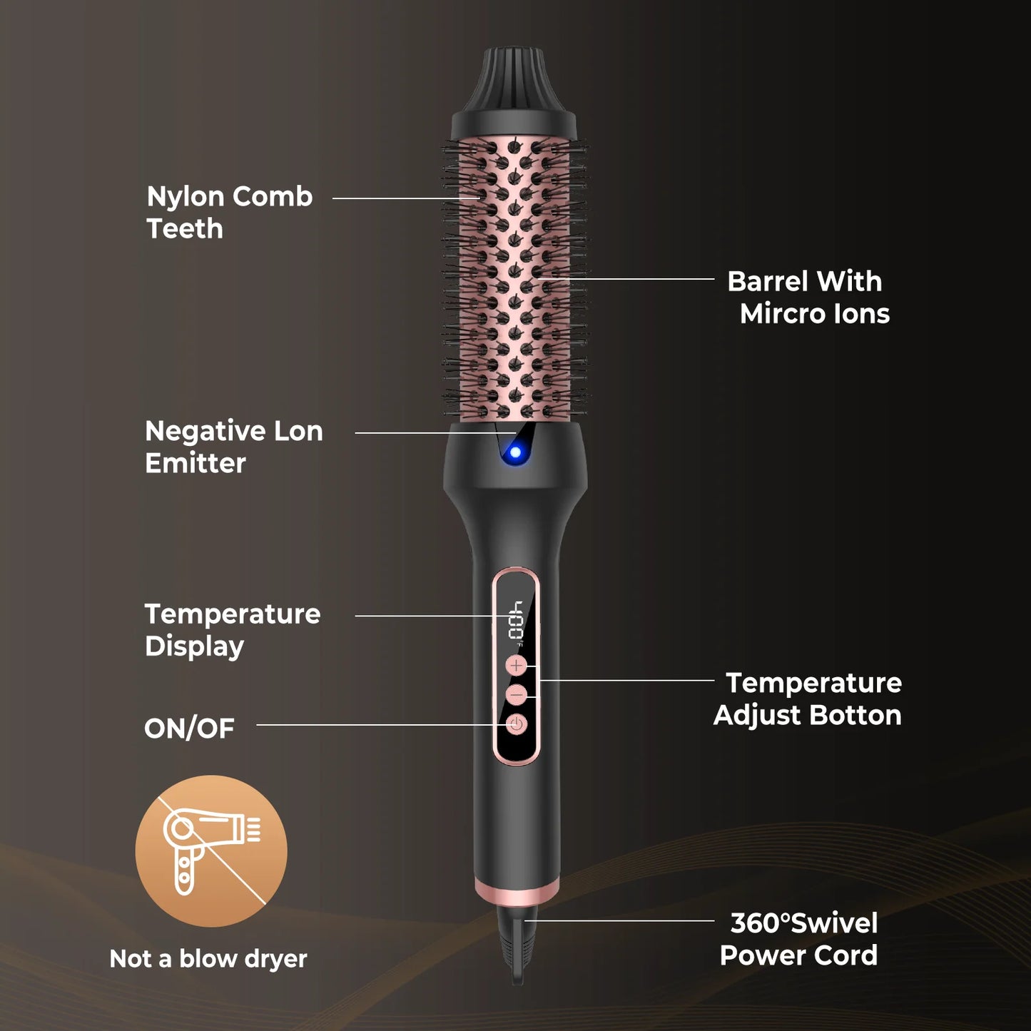 Thermal Hair Brush Hot Air Volumizer Curling Iron Black