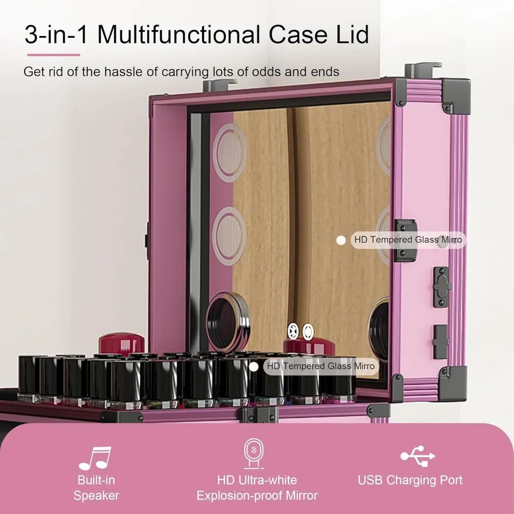 Portable Rolling Manicure Table w/Telescopic Rod, Mobile Makeup Case Foldable Nail Desk Cosmetology Case with Wheels, 3 Lockable