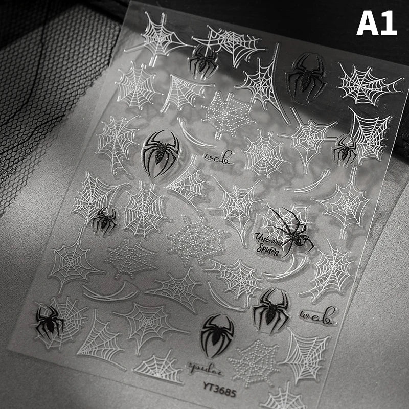 5D Relief Halloween Spider Nails Sticker Black Spiders Cobweb Embossed DIY Manicure Decals