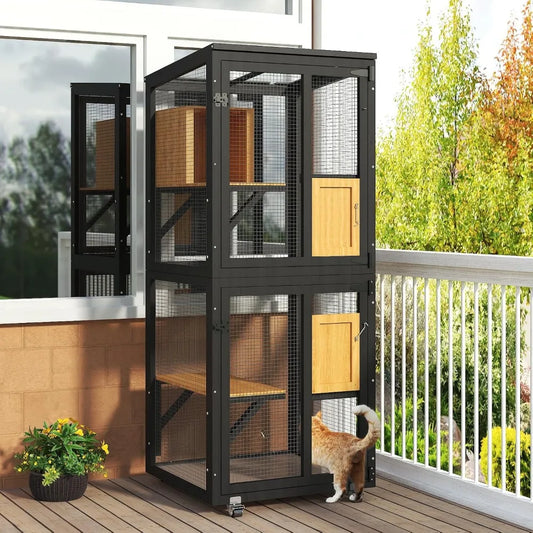 Cat Catio Outdoor Enclosure, 4 Tiers Cat Playen Catio with Wheels, Resting Box, Sunshine Panel Waterproof Roof, Large Pet House