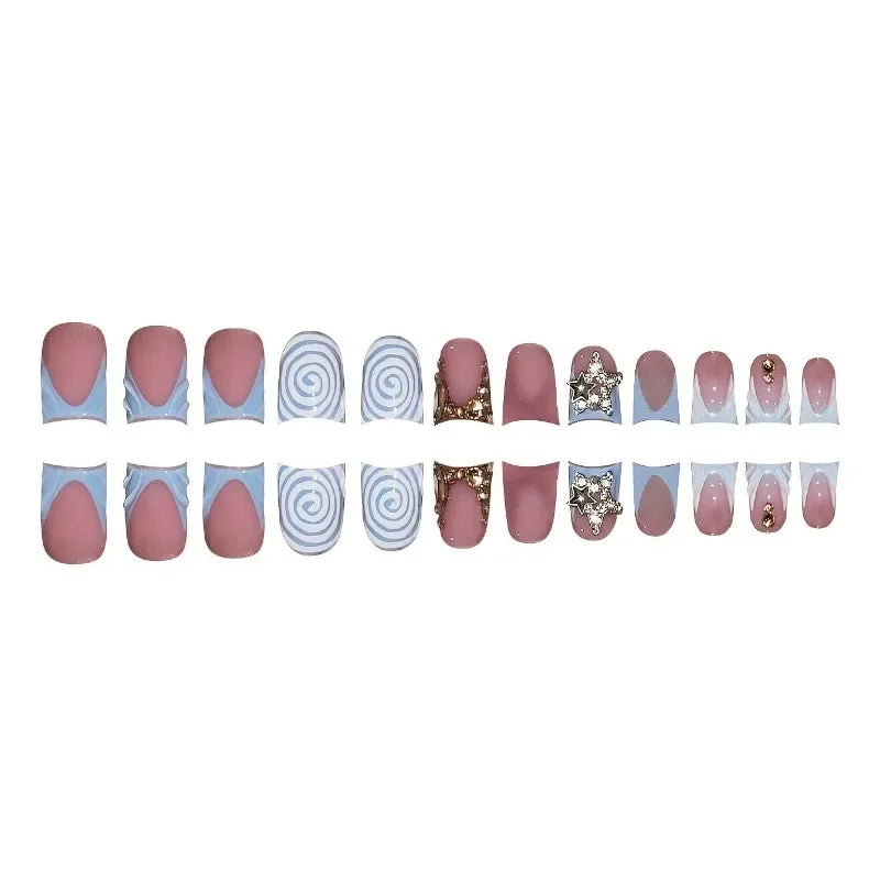 24pcs Short Duckbill False Nails Wearable Blue French Fake Nails Star Flash Rhinestones Decor Gradient Y2k Nails Press on Nail
