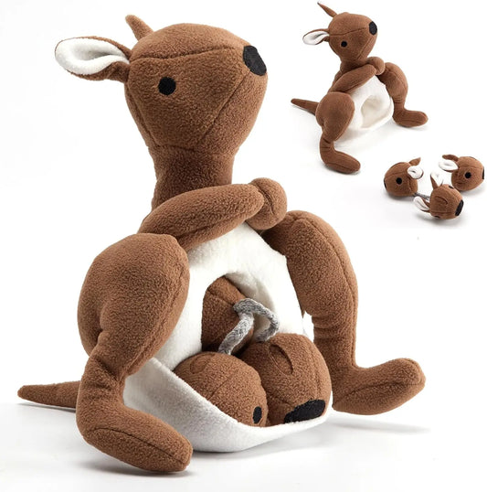 Interactive Kangaroo Plush Dog Toy with Squeaker & Treat Pouch - Snuffle Enrichment Puzzle for Small Medium Dogs
