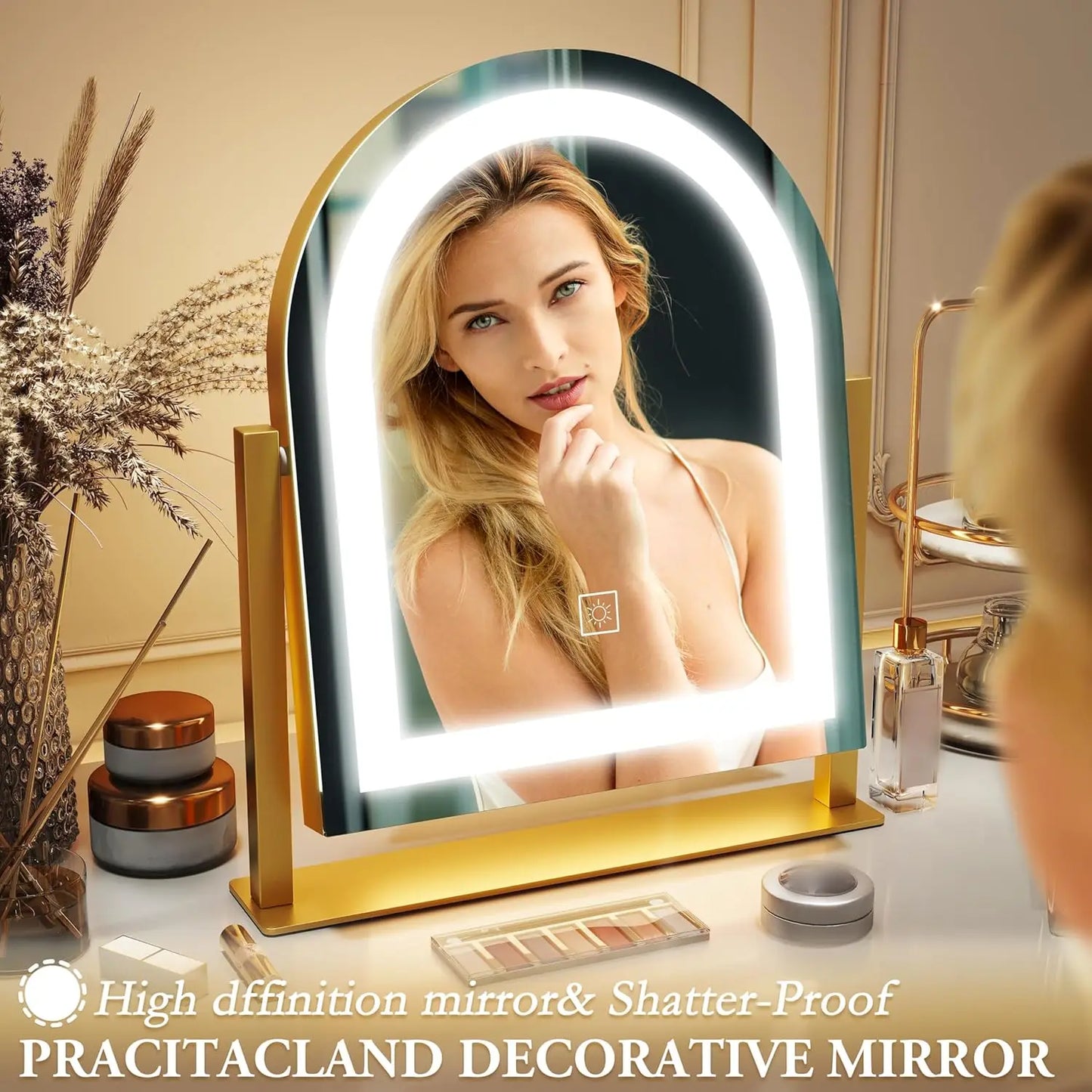 Light colored makeup mirror with 3-tone lighting, detachable 10x magnifying glass, 360 ° rotation, 15 inches x 13 inches (gold)