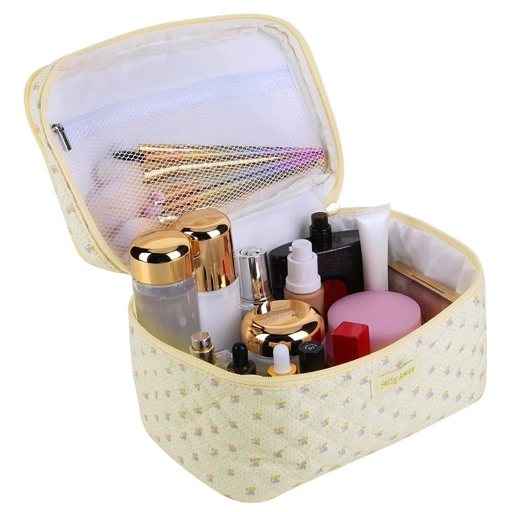 Double Layer Quilted Makeup Bag Floral Cotton Capacity