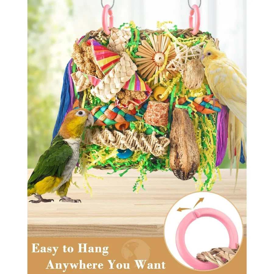 Interactive Foraging and Climbing Bird Toy Set with Colorful Shredding Seagrass Swing Mat and Wallmounted Hammock for Conures C