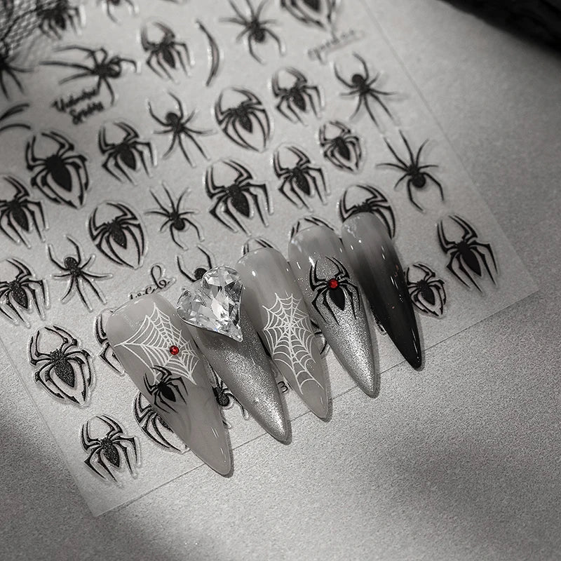 5D Relief Halloween Spider Nails Sticker Black Spiders Cobweb Embossed DIY Manicure Decals