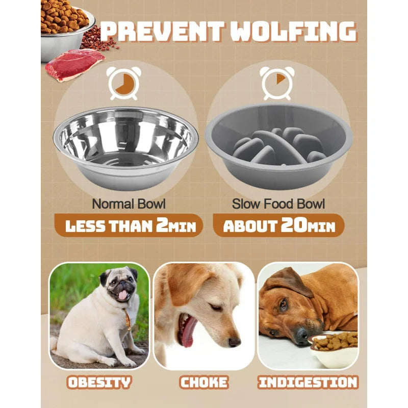 Adjustable Elevated Dog Bowl Stand with Three Stainless Steel Bowls Slow Feeder Non Slip Feet Dishwasher Safe for Medium Large Dogs