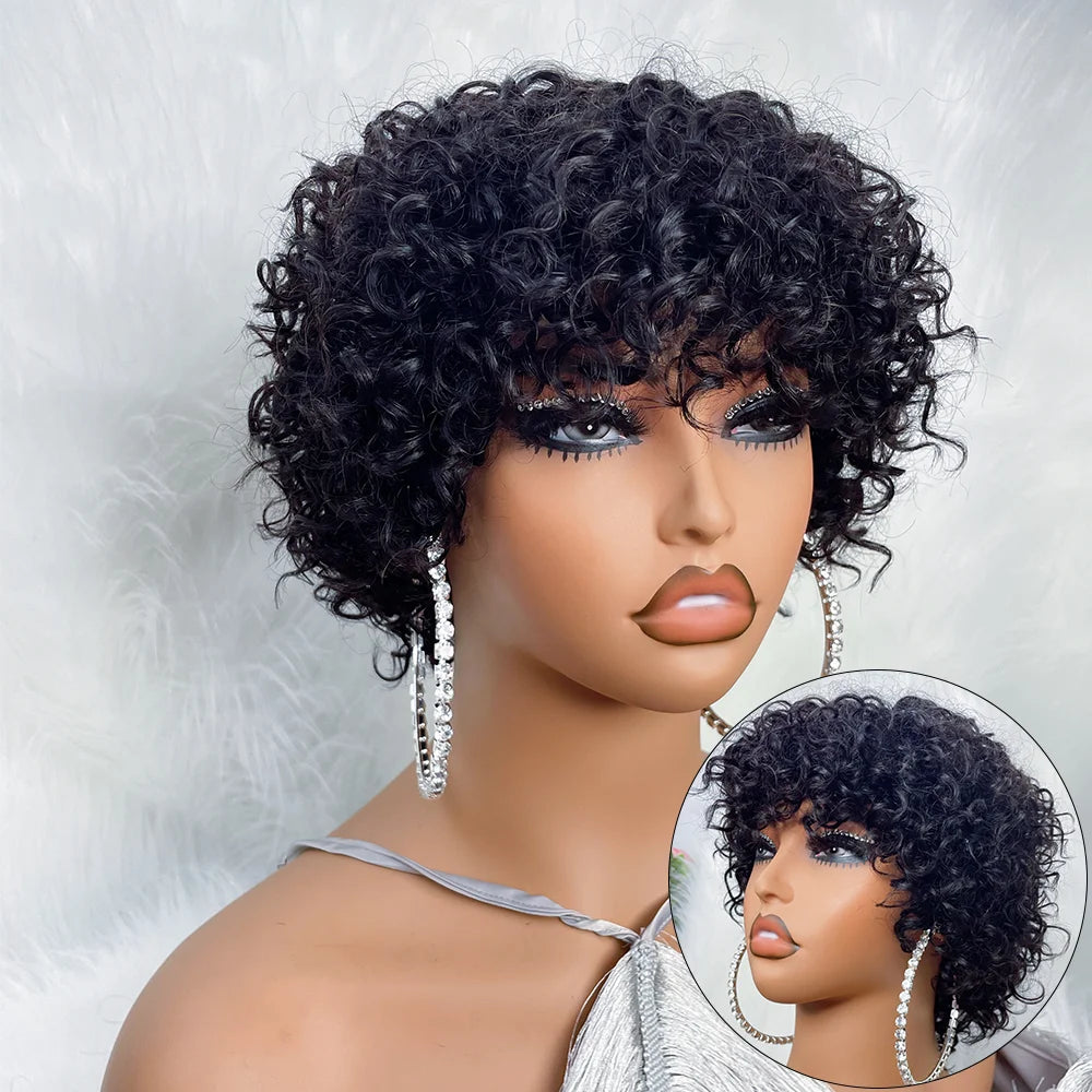 Pixie Cut Human Hair Wig For Black Women With Bangs