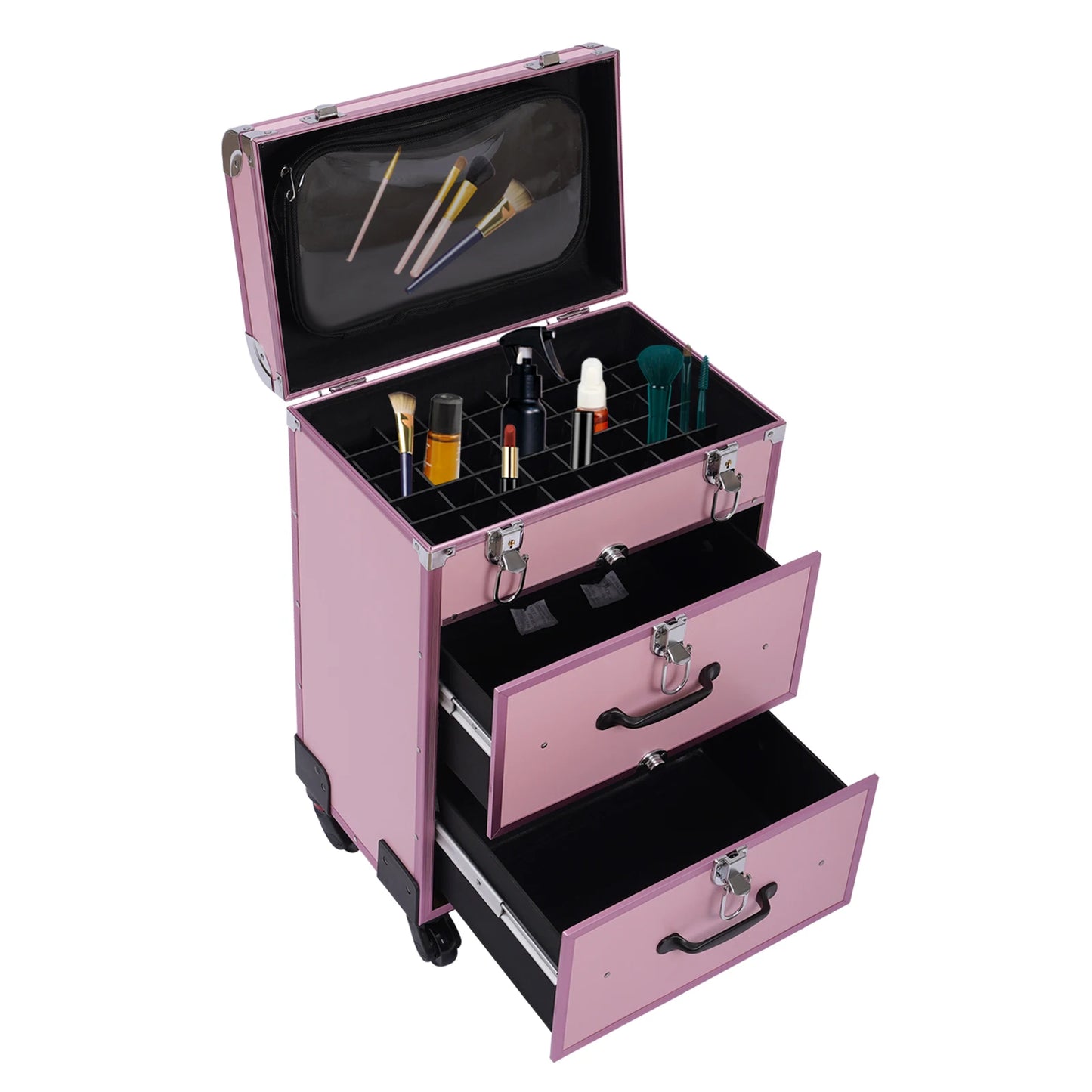 Professional Makeup Rolling Train Case, 3-Layer Portable Cosmetics Organizer with 40 Compartments & Wheels - 110LBS Capacity