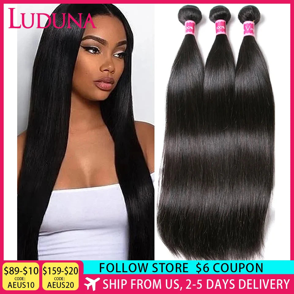Luduna Straight Bundles Human Hair Brazilian Human Hair Bundles Remy Extensions 1/3/4 Bundle Deal Weave Double Weft Hair Weaving