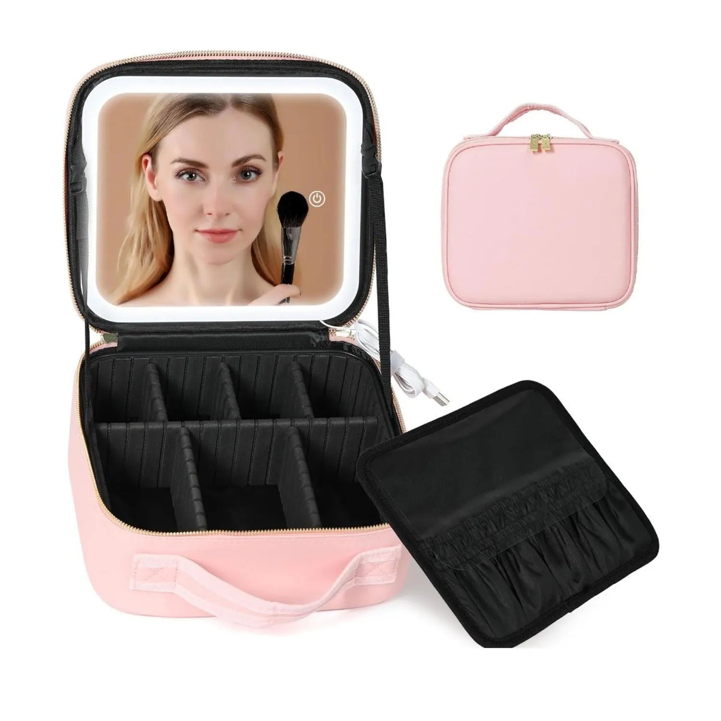 Travel Makeup Bag With LED Mirror And Adjustable Dividers