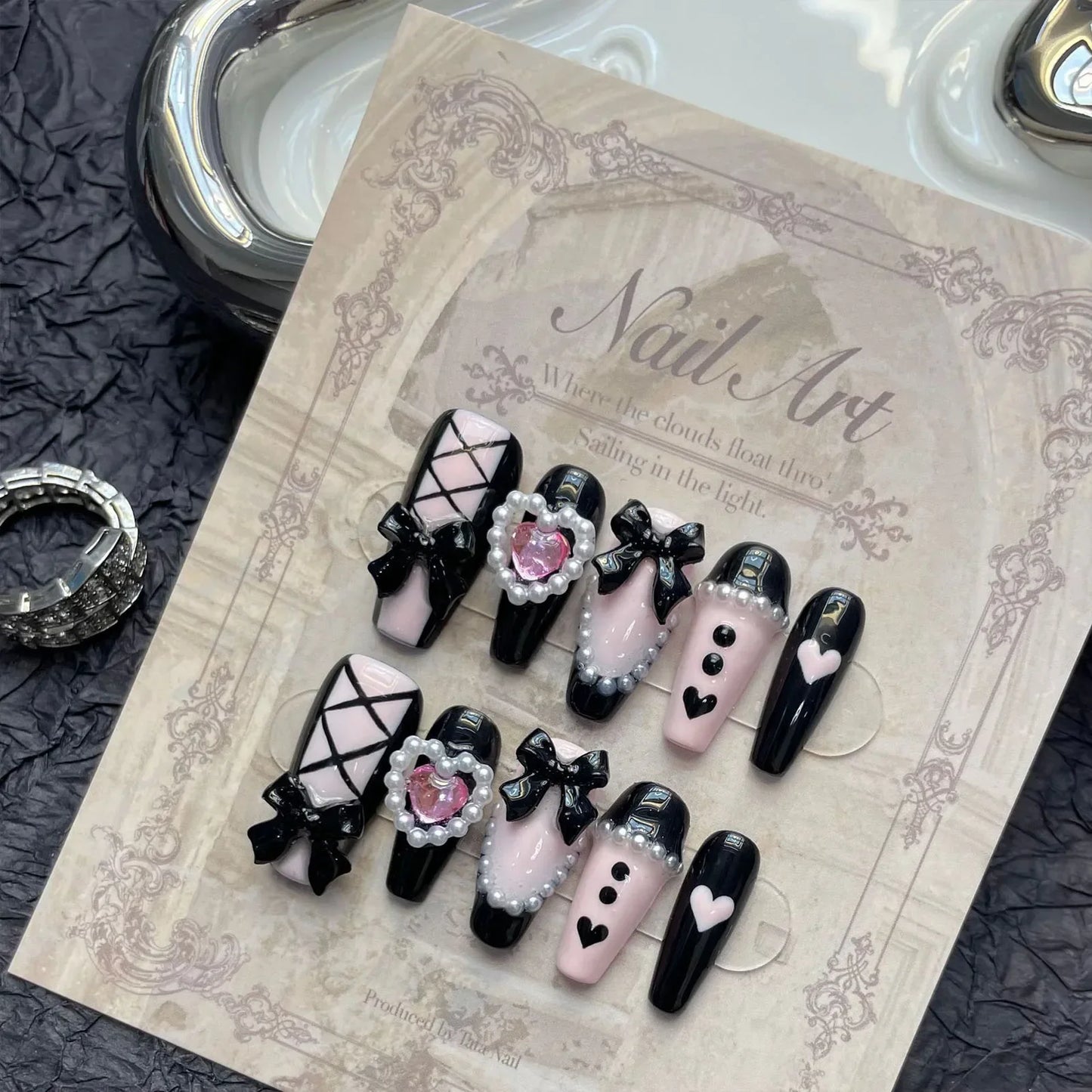 10 Pcs Pink Black Heart Nails With 3D Bows Y2K Press On