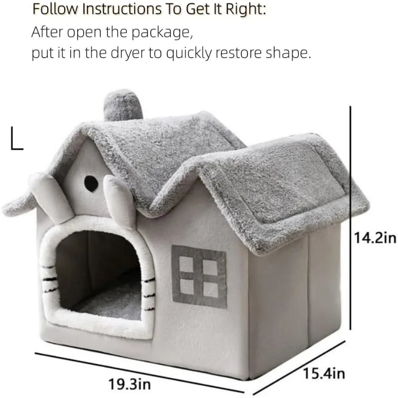 Luxury Double Roof Indoor Dog House Cat Nest Foldable Warm Soft Kennel 30D High Elastic Memory Sponge Removable Grey Velvet