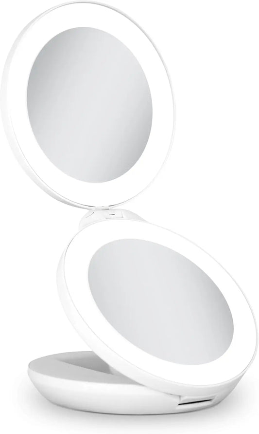 Travel Makeup Mirror with Lights, 10X/1X Dual Magnification, LED Lighted Folding Design, Battery Operated Portable Mirror