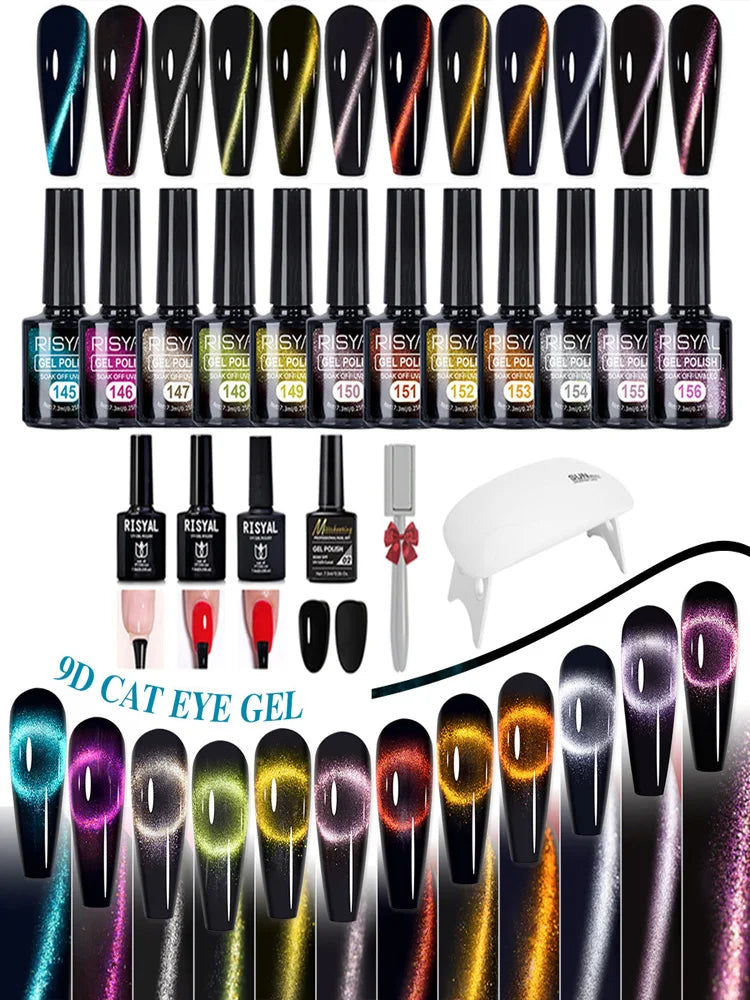 Galaxy Gel Nail Polish 12 PCS Jelly Nail Set Glitter Cat Eye Color Changing Nail Polish Kit Treasure Box Collection With 4 PCS B
