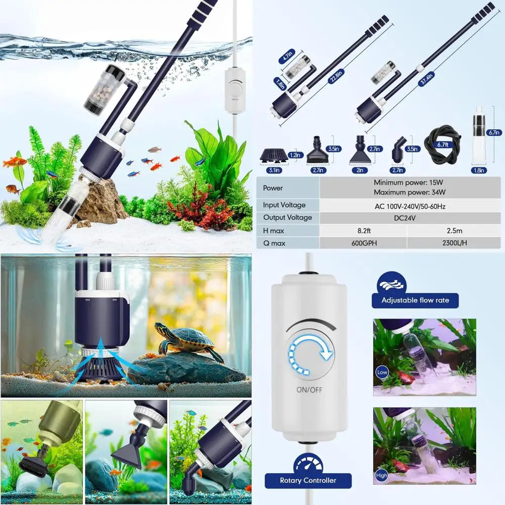 AQQA Fish Tank Cleaner,DC 34W/600GPH Adjustable Water Flow Aquarium Gravel Vacuum,Multi-Filtration Purifies Water Electric Clean