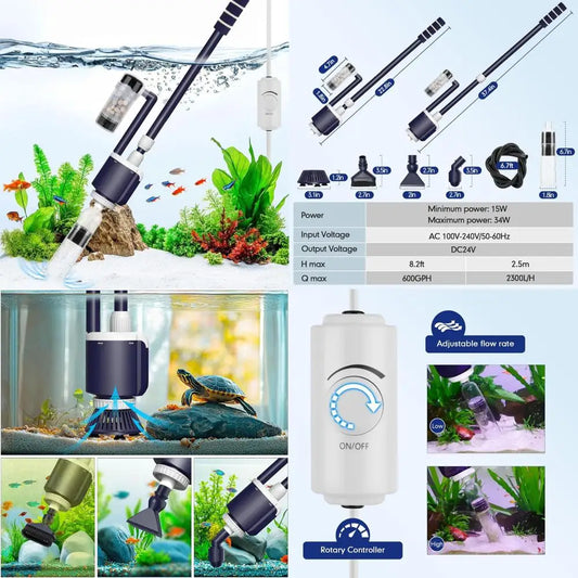 AQQA Fish Tank Cleaner,DC 34W/600GPH Adjustable Water Flow Aquarium Gravel Vacuum,Multi-Filtration Purifies Water Electric Clean