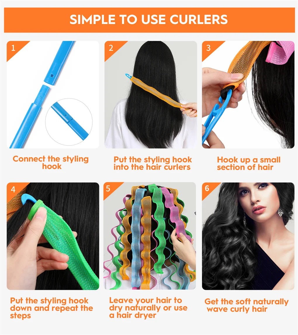 No Heat Hair Curlers Kit 30Pcs With 2 Hooks 55cm 45cm 30cm