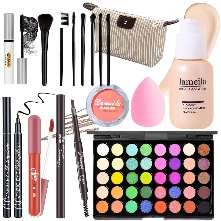 Makeup Set Full Kit for Girls Teens Women Makeup Present Set Includes Eyeshadow Foundation Blusher Eyebrow Pencil Mascara Eyeli