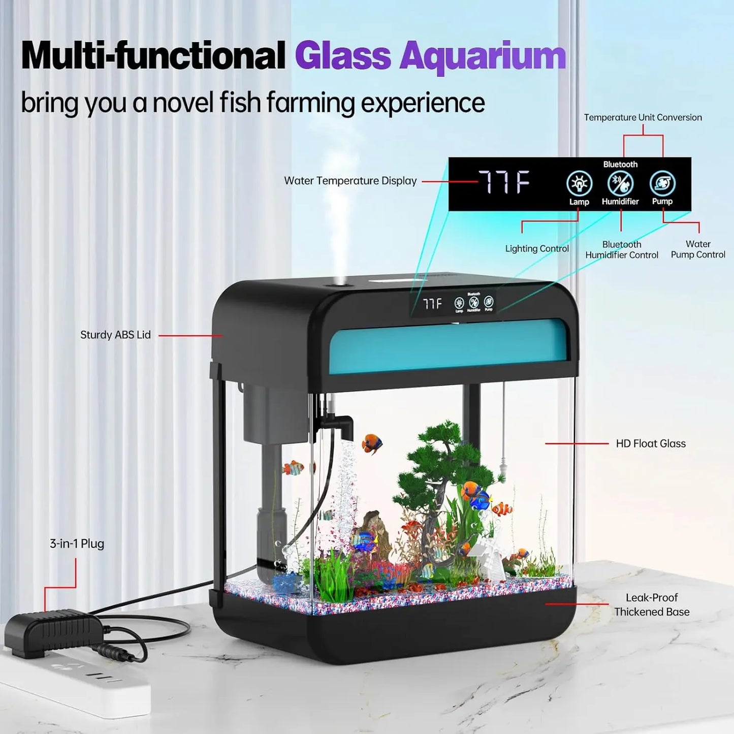 Fish Tank 2.2 Gallon Fish Aquarium with Music Humidifier 7 Color Auto-Looping Light Adjustable Water Pump with Filtration & Aera