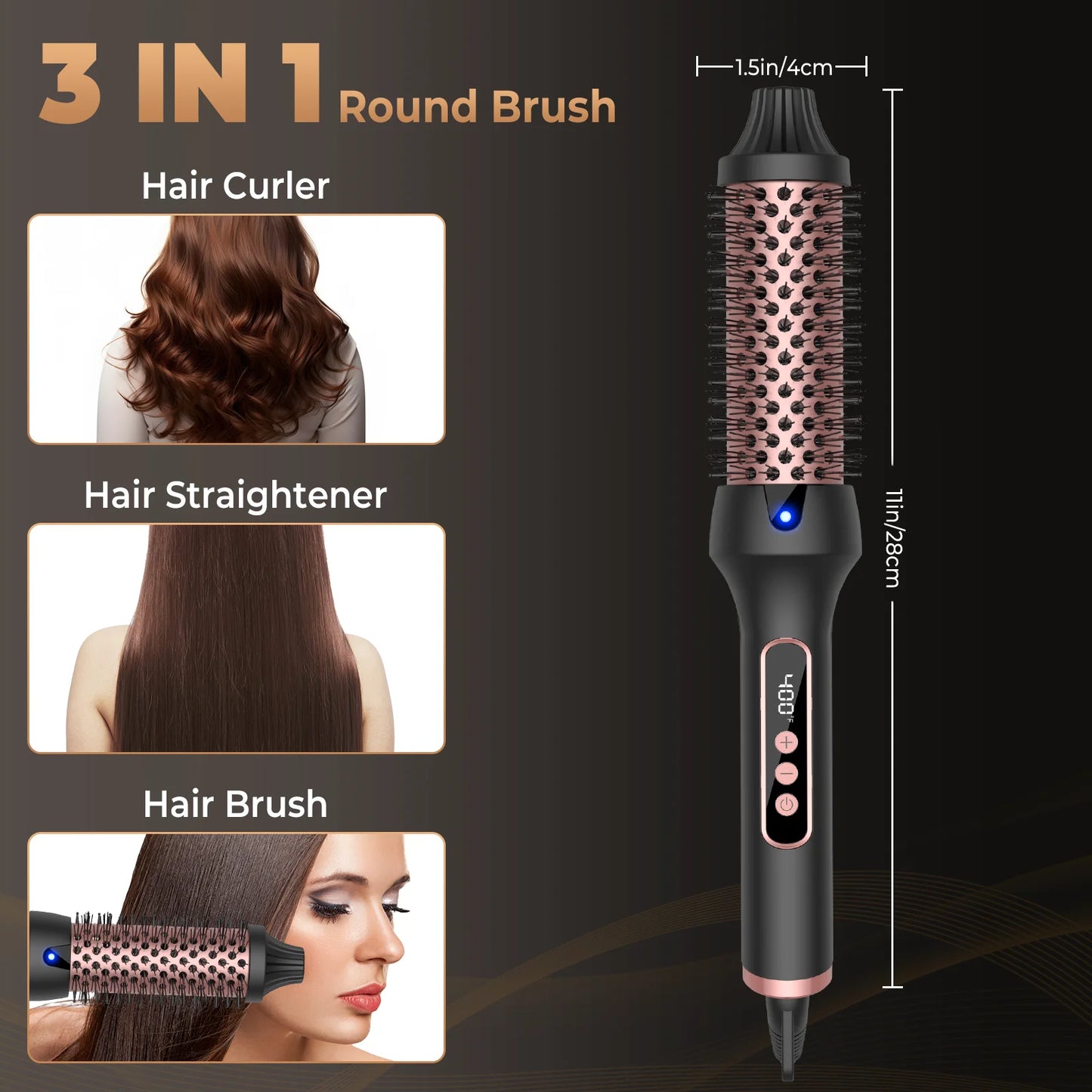 Thermal Hair Brush Hot Air Volumizer Curling Iron Black