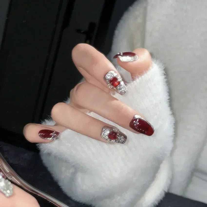 10Pcs Light Luxury Handmade Press On Nails Full Cover Cat Eye Design Glitter Ballerina False Nails Manicure Wearable Nail Tips