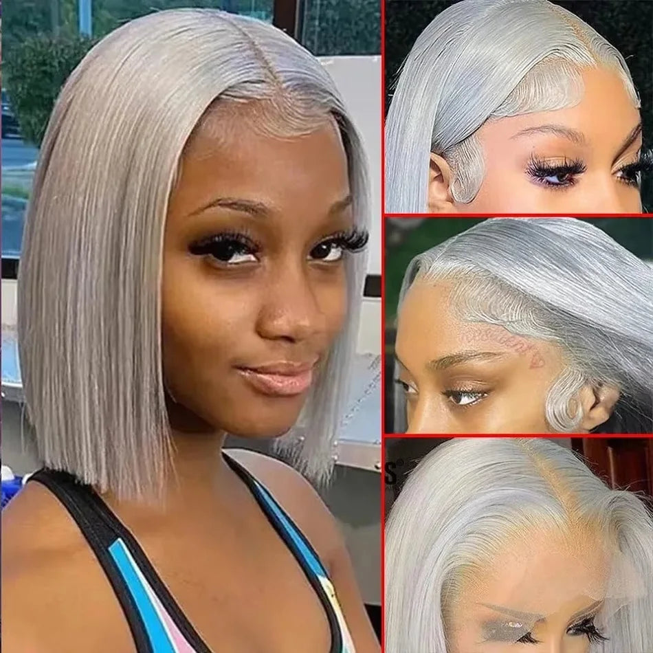 Grey Bob Lace Front Human Hair Wig 13x4 10 12 14 Inches