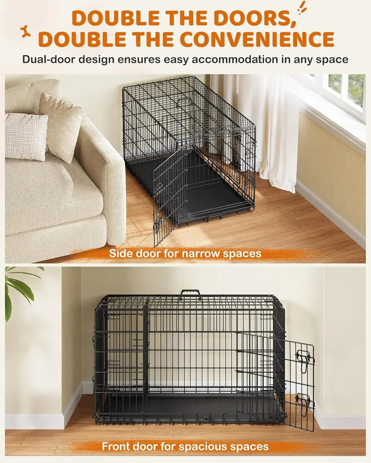 42 inch Dog Crate Double Door Dog Crate w/Divider for Puppy to Adult XL Collapsible Metal Dog Crate with Removable Tray Wire