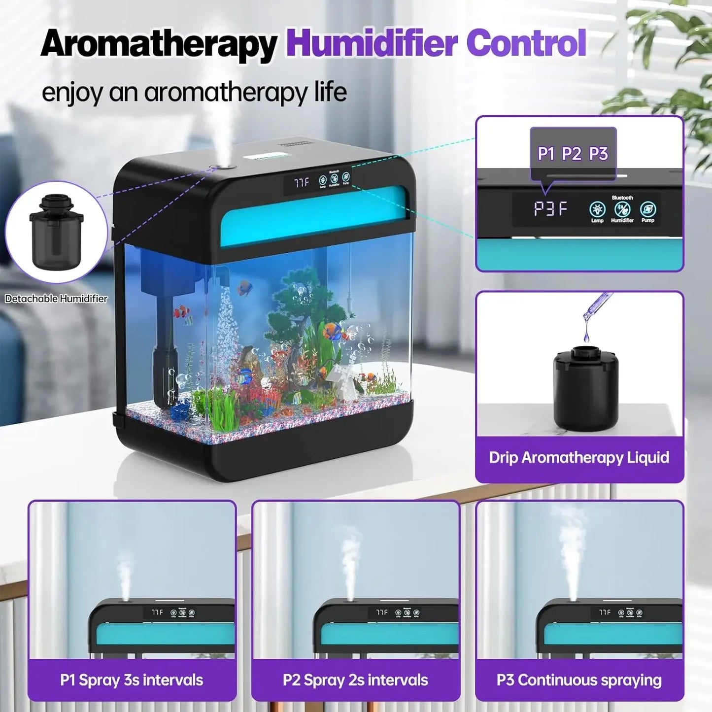 Fish Tank 2.2 Gallon Fish Aquarium with Music Humidifier 7 Color Auto-Looping Light Adjustable Water Pump with Filtration & Aera