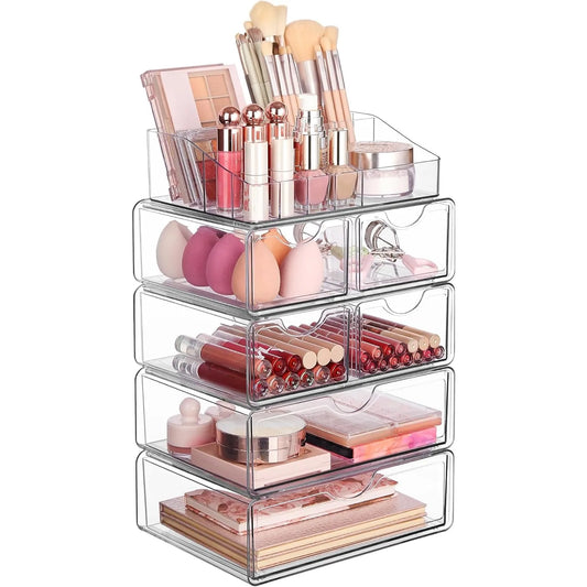 5 Tier Clear Makeup Organizer with Drawer Cosmetic Storage for Dresser Countertop and Bathroom Vanity Beauty Holder