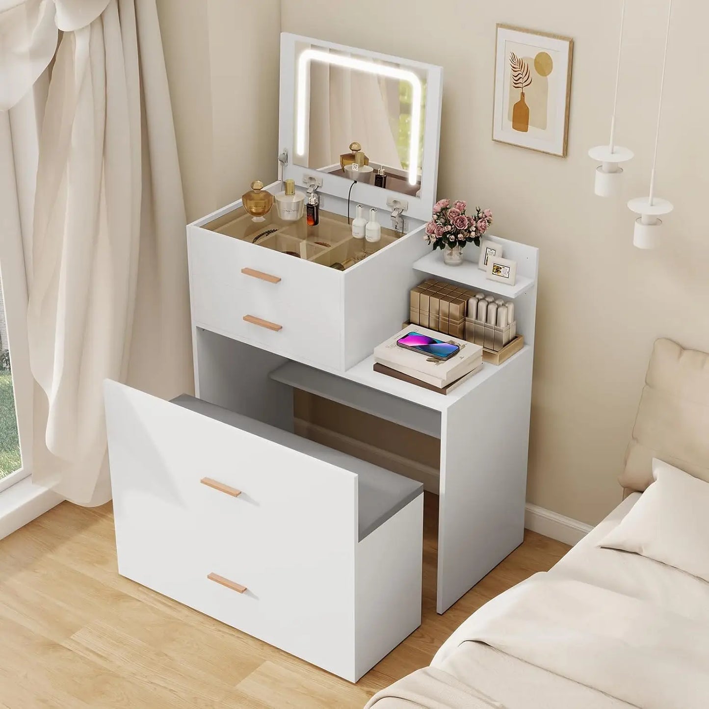 Vanity Desk with Flip Top Mirror and Lights White 3 in 1 Night Stand Make up Vanities Set for Women Dressing Table for Bedroom