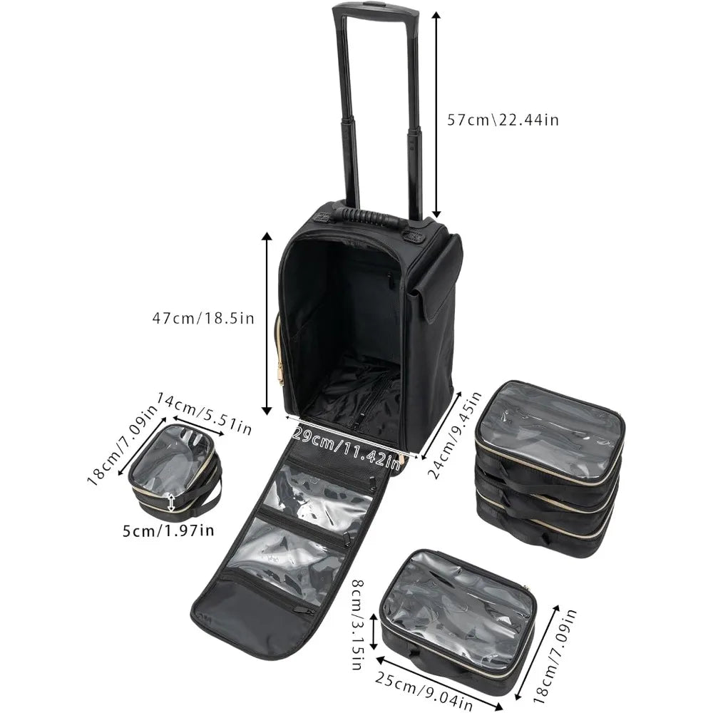 Soft Sided Rolling Makeup Train Case Pro Oxford Fabric Cosmetic Storage Organizer Travel Trolley Suitcase with Universal Wheel
