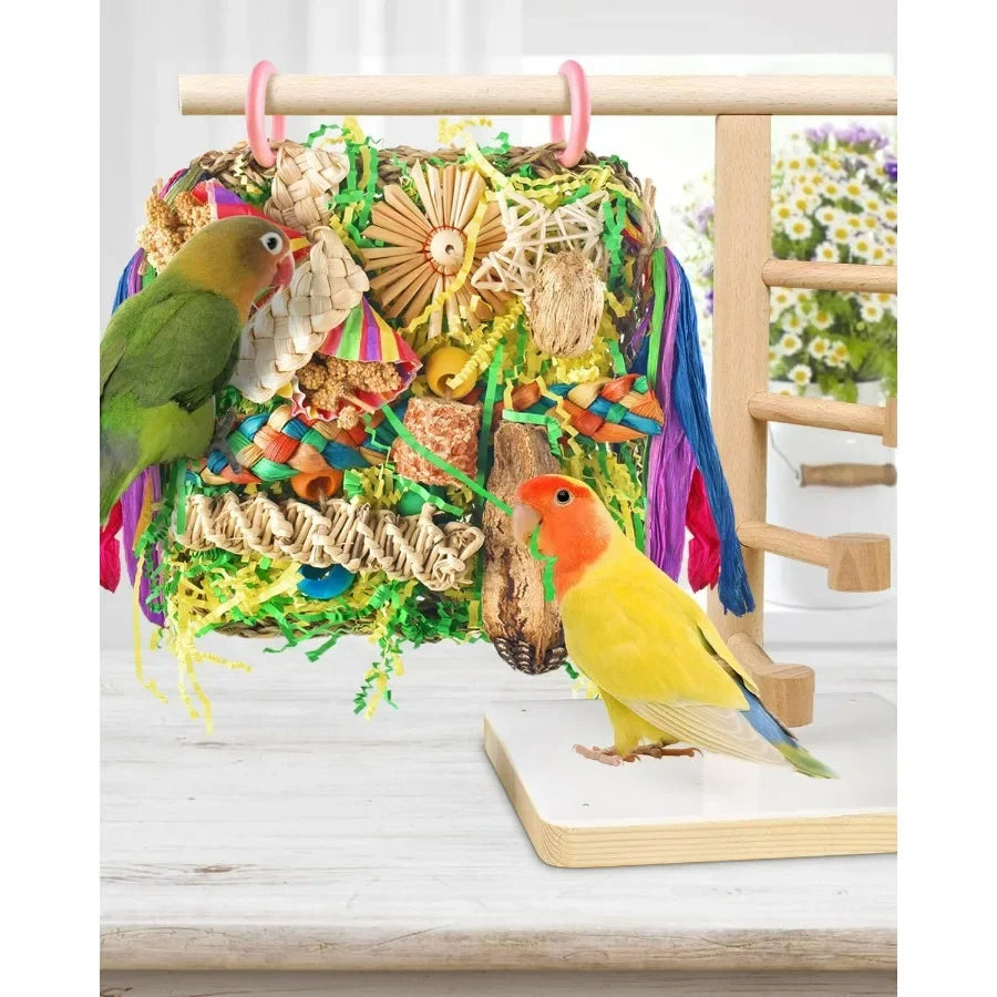 Interactive Foraging and Climbing Bird Toy Set with Colorful Shredding Seagrass Swing Mat and Wallmounted Hammock for Conures C