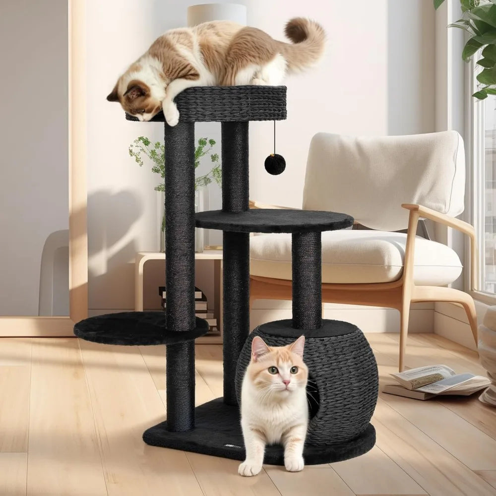 Modern Cat Tree 39 Inch Tall Black Cat Tree for Kittens Climb Play and Rest Indoor Cat Trees with Natural Sisal Scratching Post