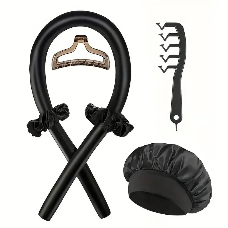 6Pcs Women No Heat Curly Hair Stick Satin Sleep Cap Clip