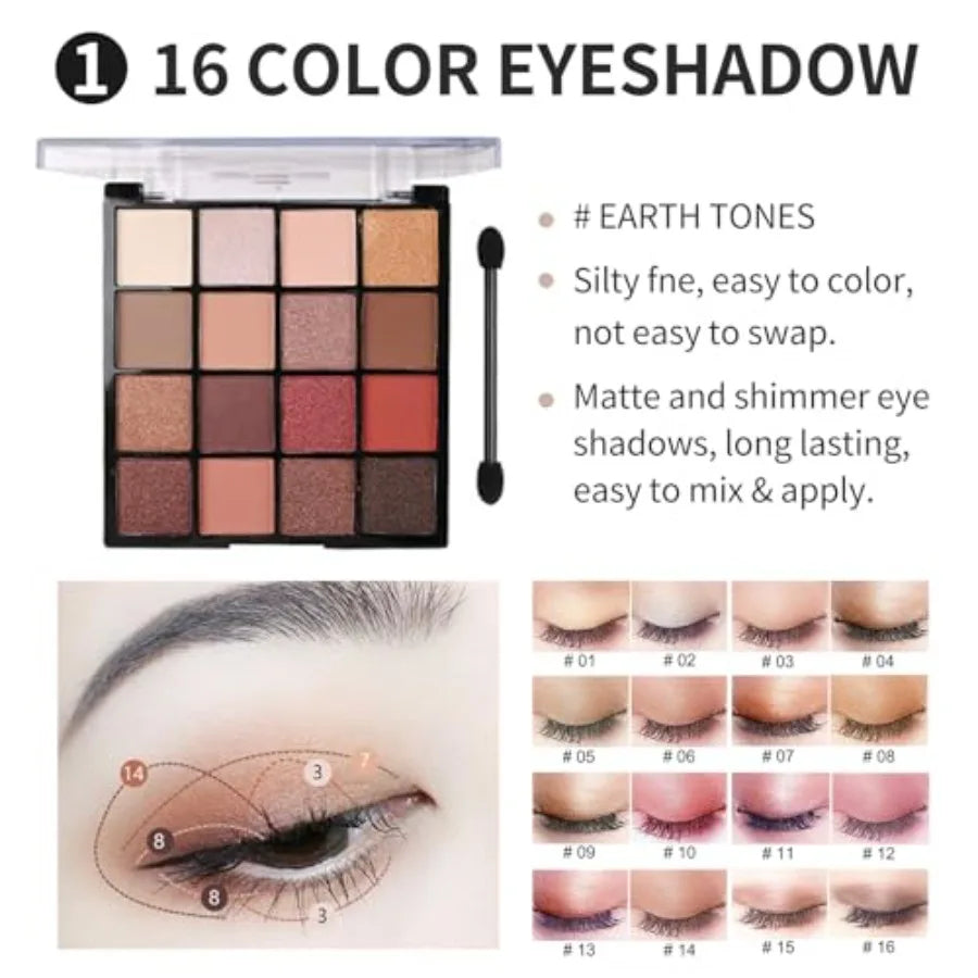 All in One Makeup Kit For Girls 16 Colors Naked Eyeshadow Palette 3Pcs Makeup Brushes Waterproof Eyeliner Pencil Eyebrow Powder