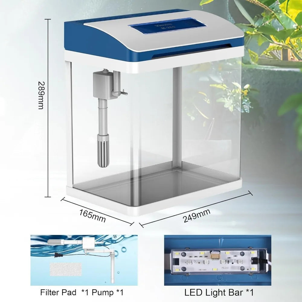 Small Fish Tank 2 Gallon Glass Aquarium,Betta Fish Tank Starter Kit, Self Cleaning Fish Tank with Filter and Light.