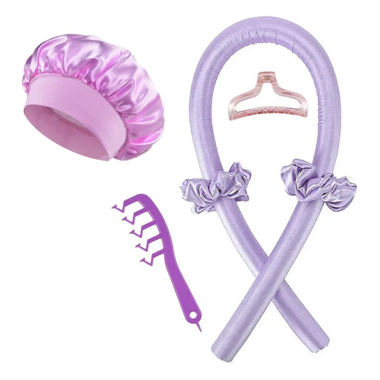 6Pcs Women No Heat Curly Hair Stick Satin Sleep Cap Clip