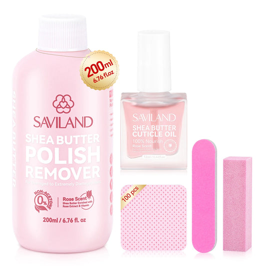 SAVILAND 200ml Nail Polish Remover Kit Fingernail Polish Remover Shea Butter Nail Remover with Castor Oil VE Cuticle Oil