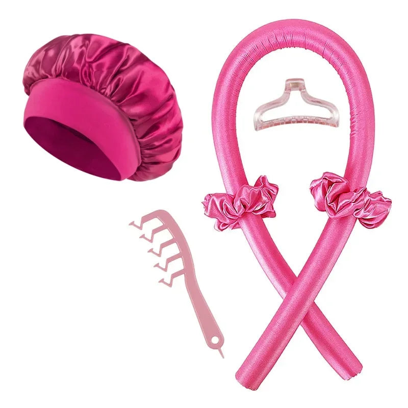 6Pcs Women No Heat Curly Hair Stick Satin Sleep Cap Clip