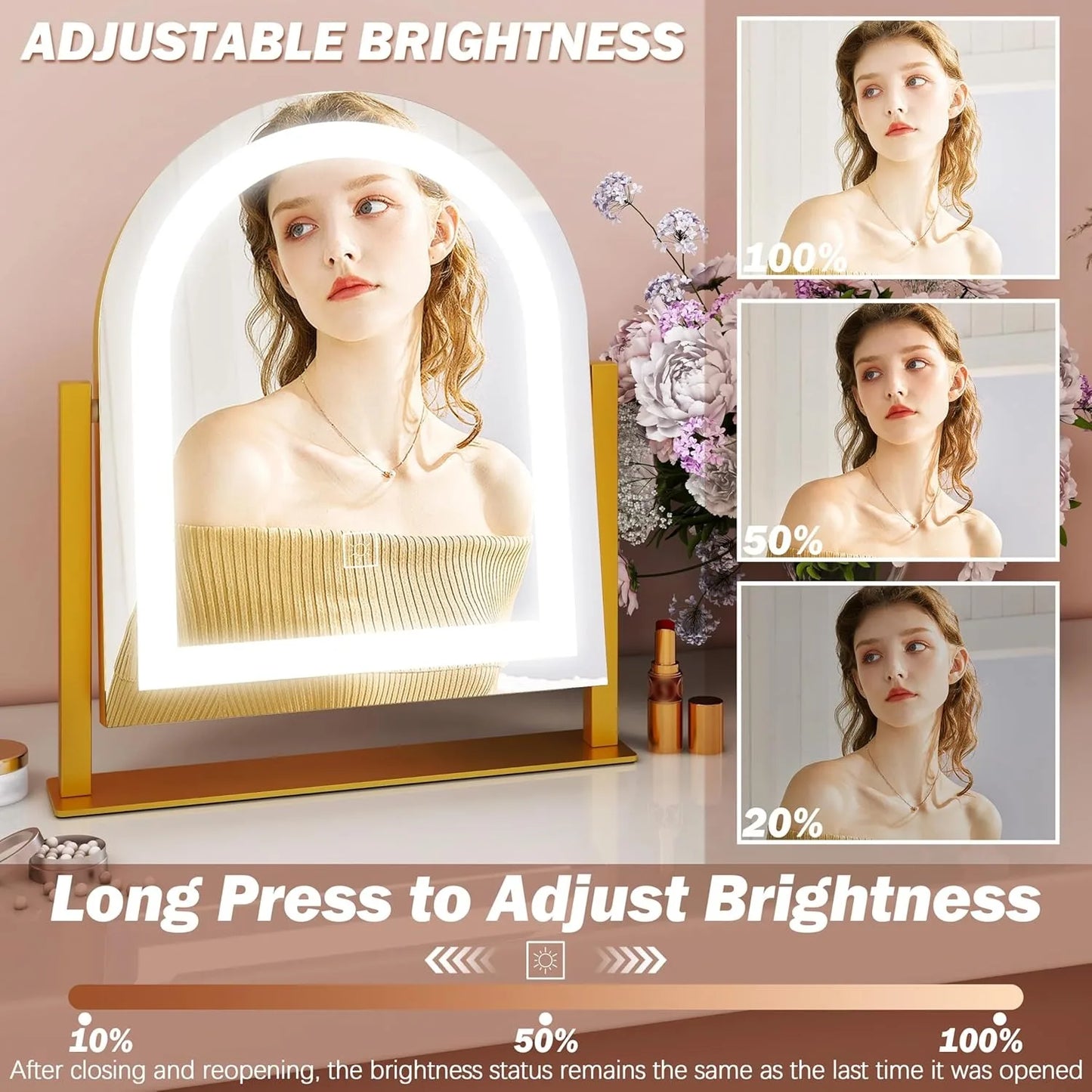 Large makeup mirror with light -15.5 "x13", with light, magnified 10x, touch screen with tri color illumination,(gold)