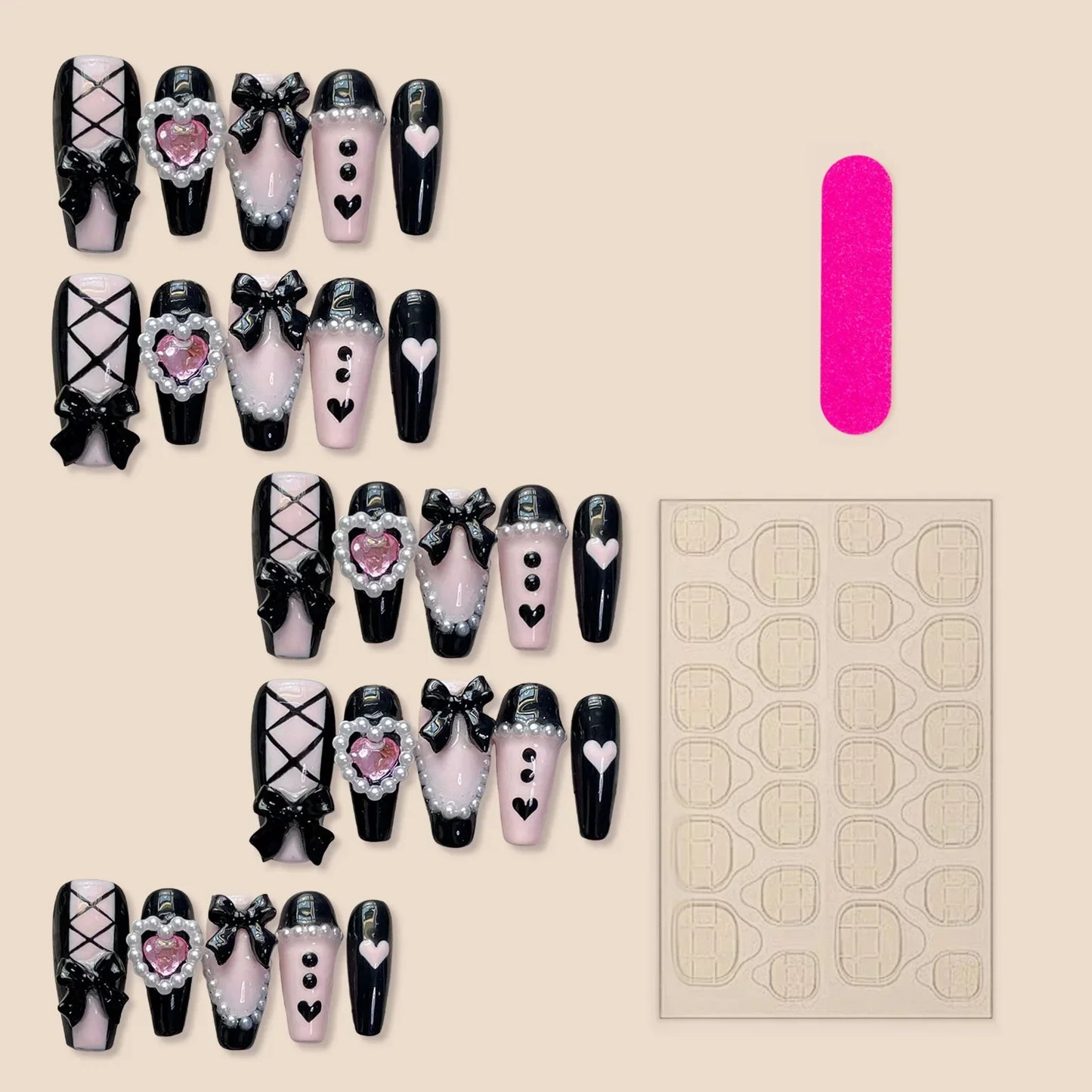 10 Pcs Pink Black Heart Nails With 3D Bows Y2K Press On