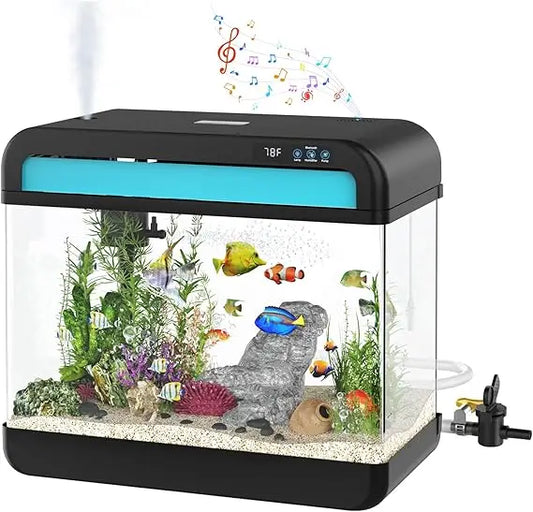 Fish Tank 2.2 Gallon Fish Aquarium with Music Humidifier 7 Color Auto-Looping Light Adjustable Water Pump with Filtration & Aera